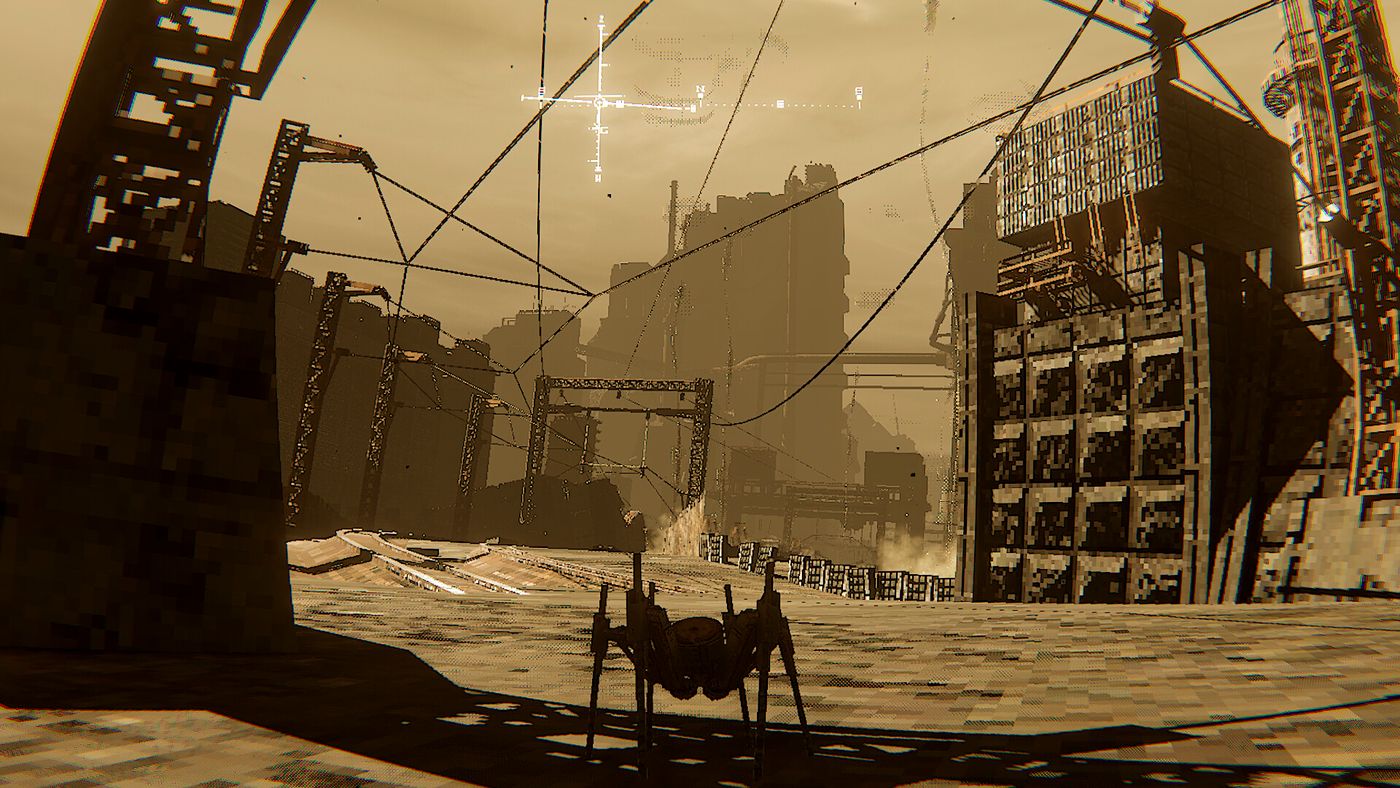 An industrial corridor in the shadow of a megastructure